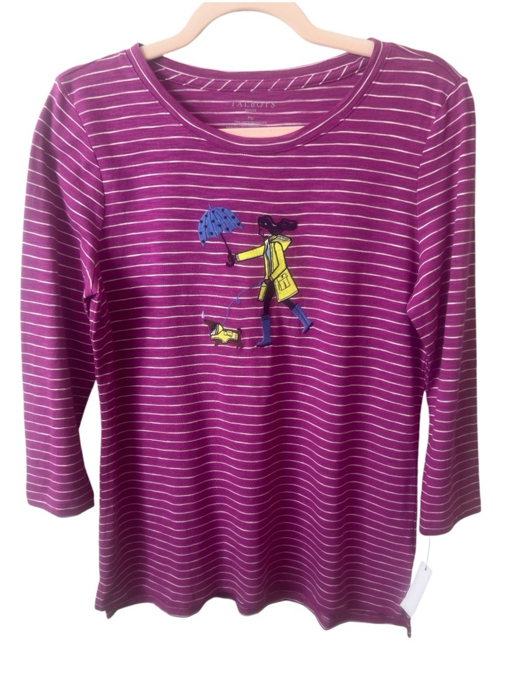 NWT Talbots Petite Medium Rainy Day Dog Embroidered Stripe Knit Top MP